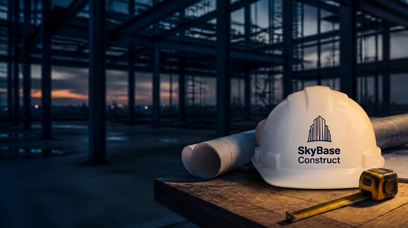 Branded SkyBase Construct hard hat resting on a workbench with plans and tools